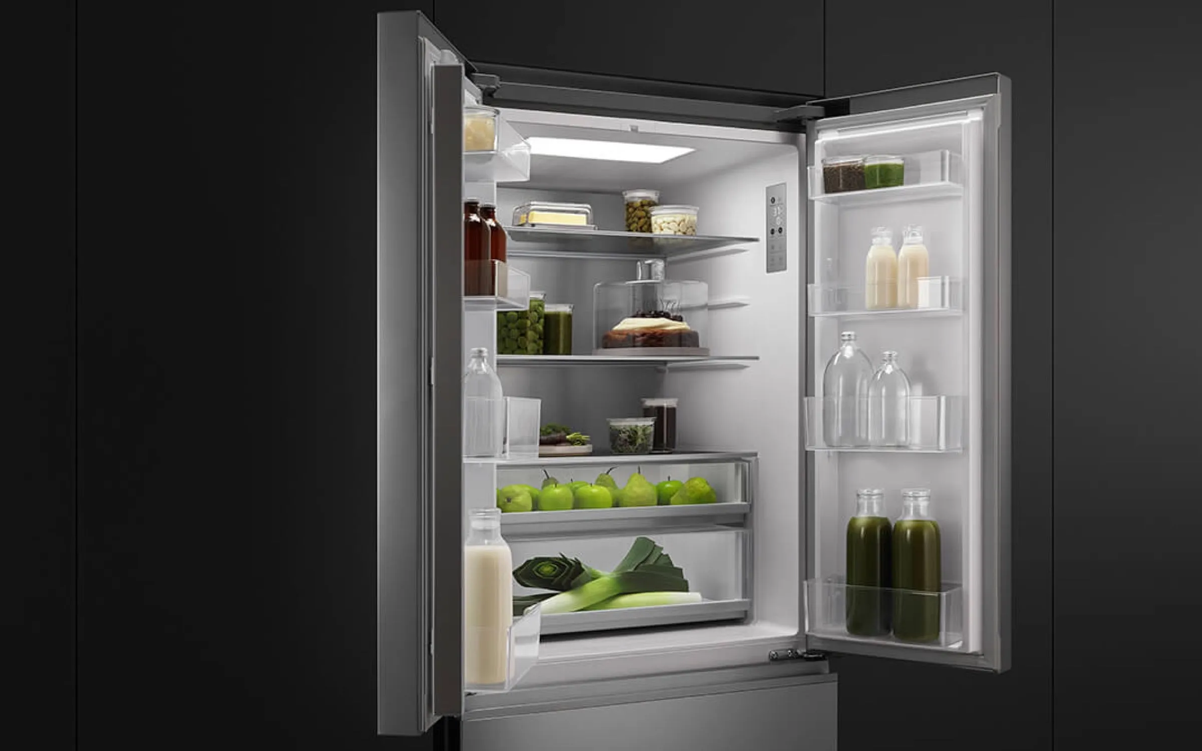 Fisher & Paykel ActiveSmart refrigerator interior with stocked glass shelves