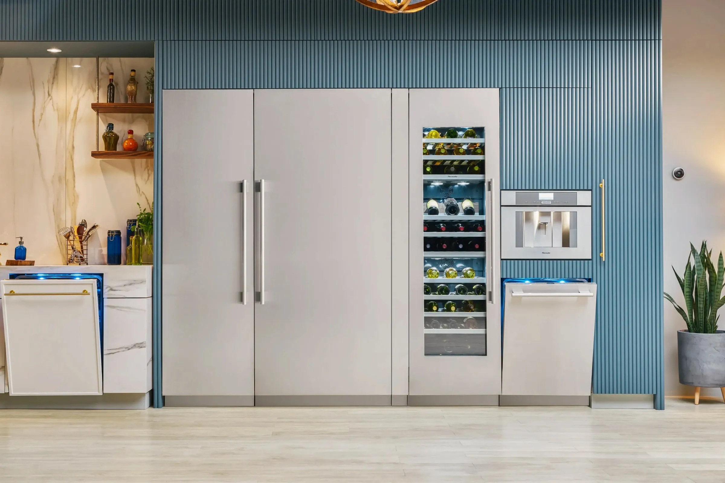 Luxury built-in column refrigerators and wine column in an Orange County kitchen