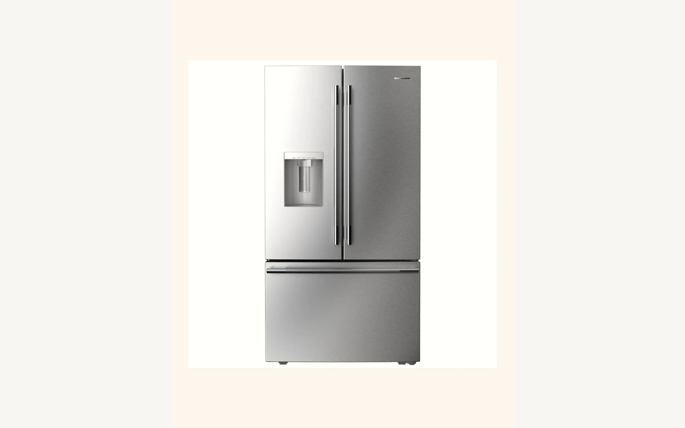 KitchenAid French-door refrigerator with freezer back panel removed showing evaporator fan motor in Mission Viejo CA