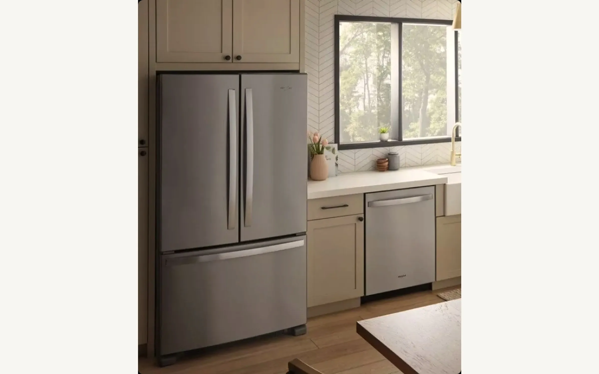 Whirlpool French-door refrigerator with fresh-food damper housing exposed at top of cabinet during diagnostic in Costa Mesa CA